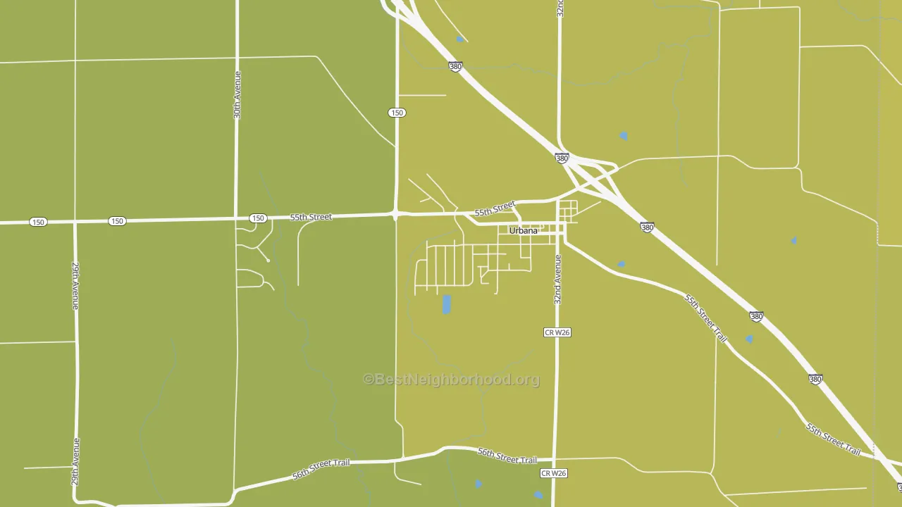 Map of the best neighborhoods in the 52345 area, with better matches in green and worse matches in red