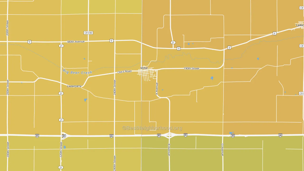 Map of the best neighborhoods in the 52347 area, with better matches in green and worse matches in red