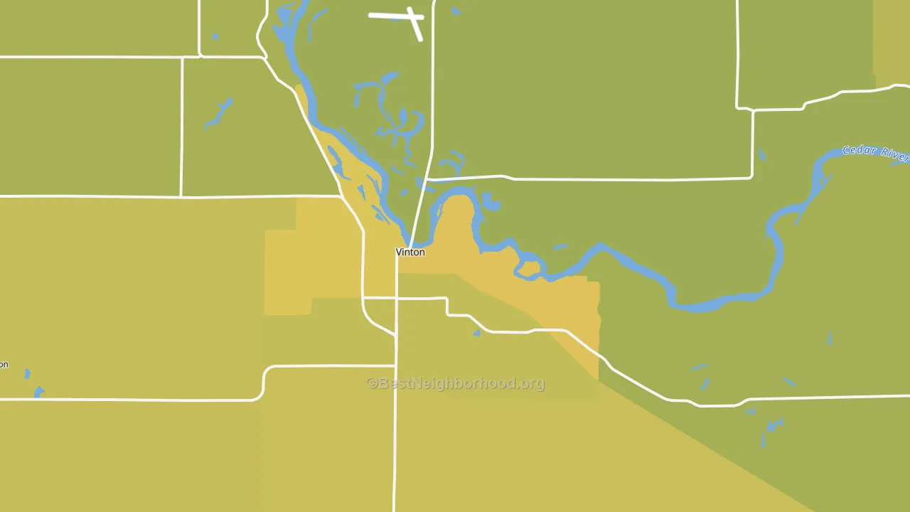 Map of the best neighborhoods in the 52349 area, with better matches in green and worse matches in red
