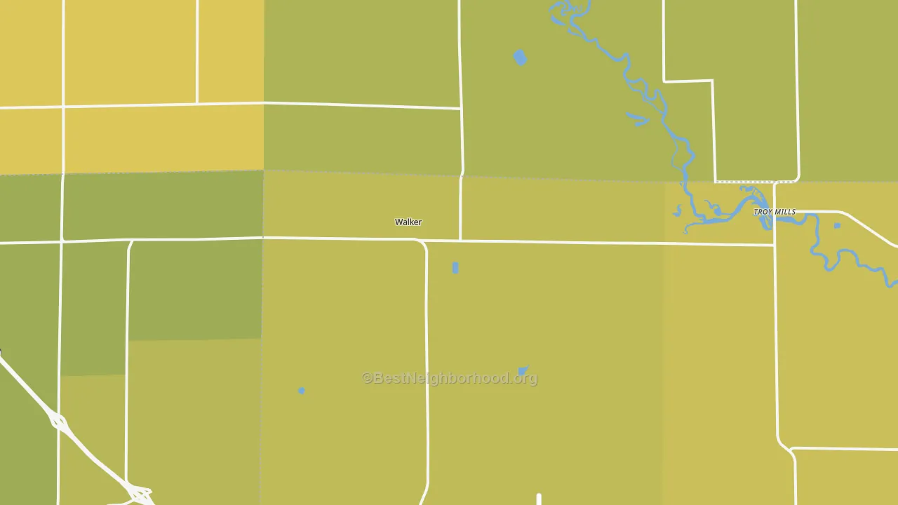 Map of the best neighborhoods in the 52352 area, with better matches in green and worse matches in red