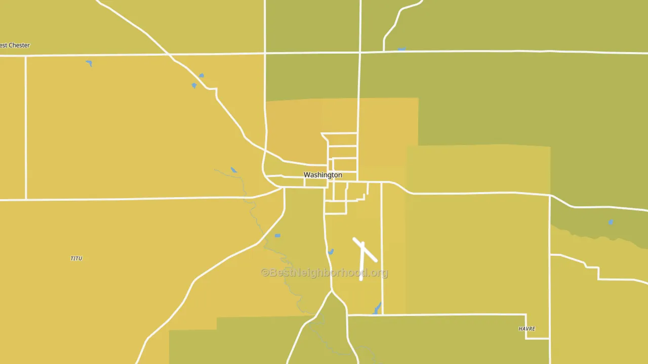 Map of the best neighborhoods in the 52353 area, with better matches in green and worse matches in red