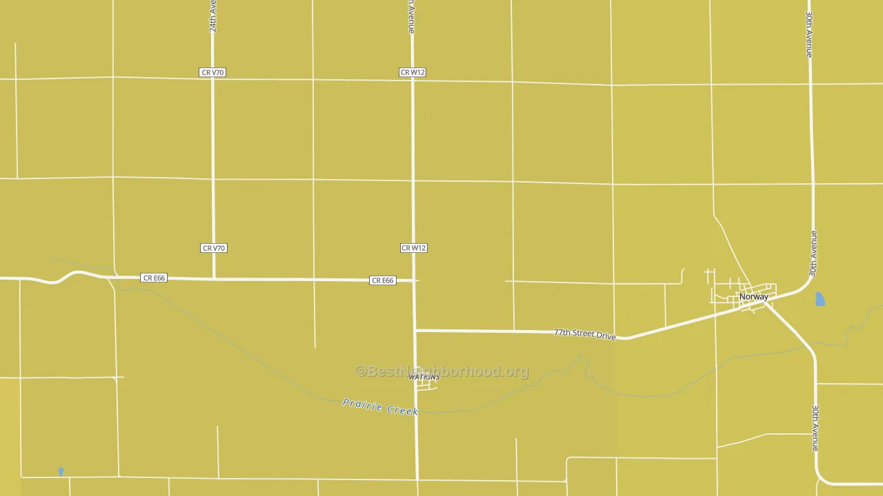 Map of the best neighborhoods in the 52354 area, with better matches in green and worse matches in red