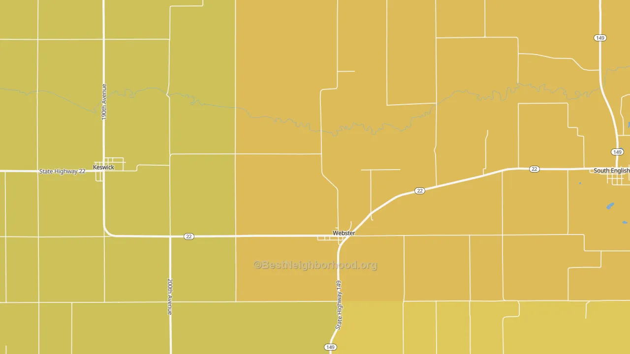 Map of the best neighborhoods in the 52355 area, with better matches in green and worse matches in red