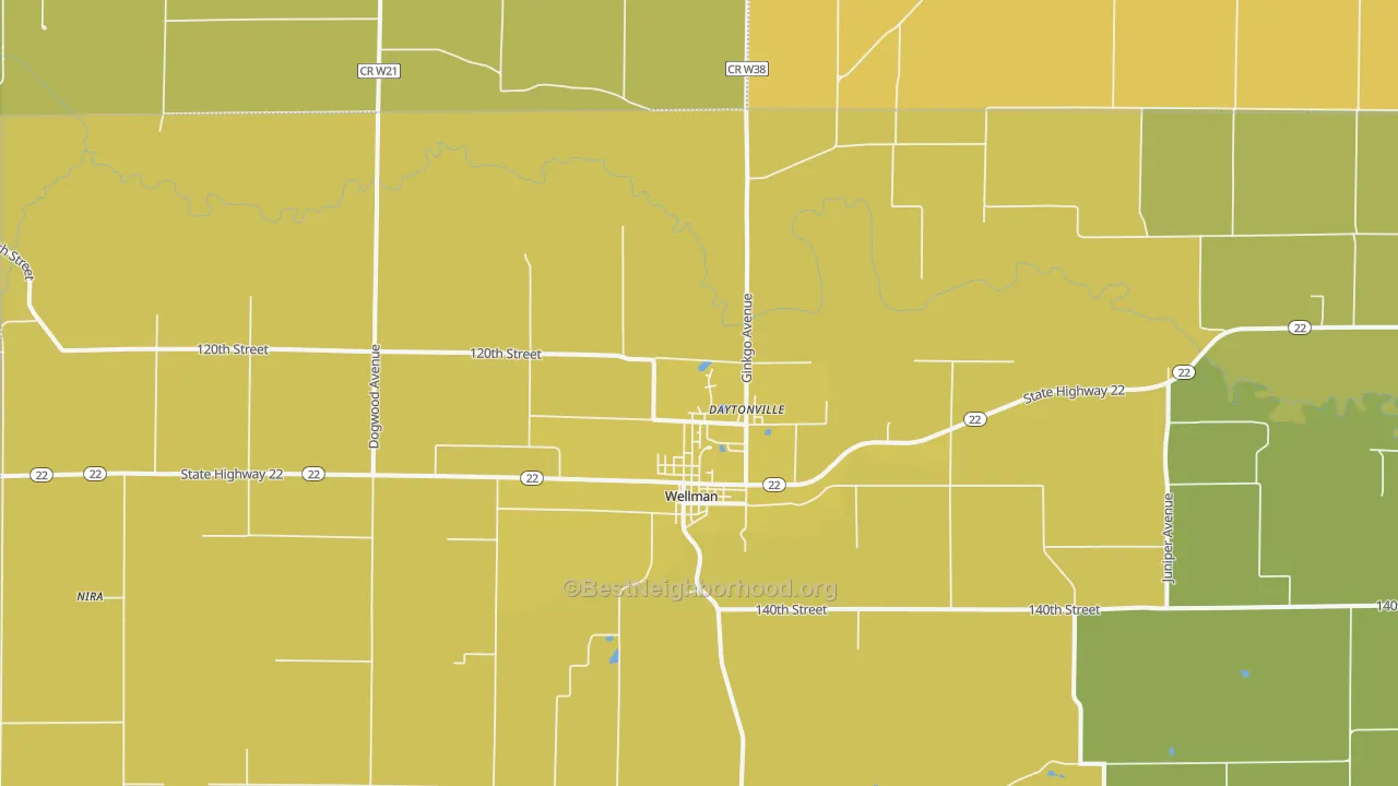 Map of the best neighborhoods in the 52356 area, with better matches in green and worse matches in red