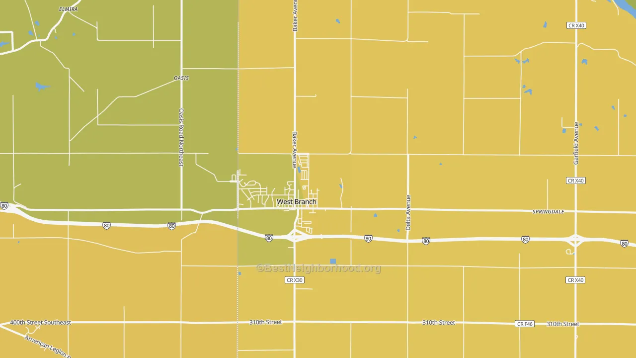 Map of the best neighborhoods in the 52358 area, with better matches in green and worse matches in red