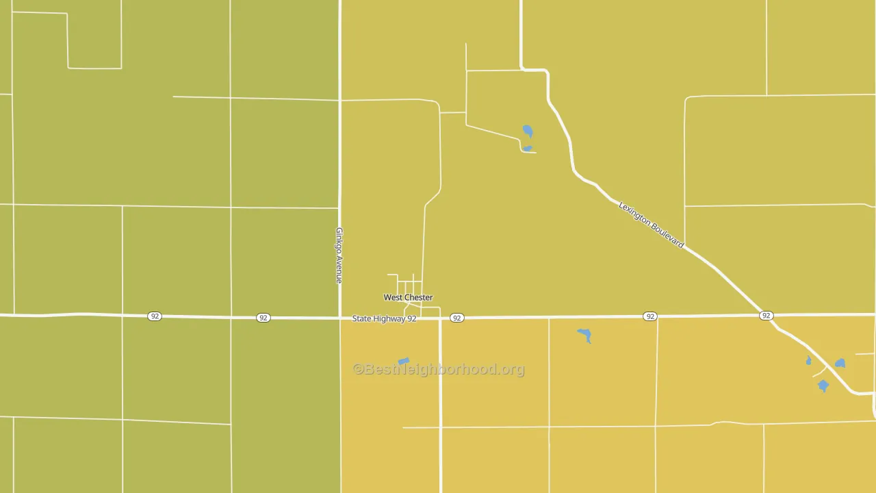 Map of the best neighborhoods in the 52359 area, with better matches in green and worse matches in red