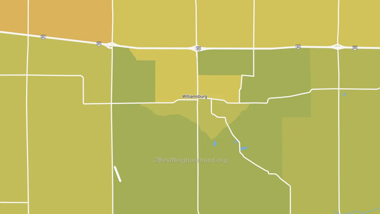 Map of the best neighborhoods in the 52361 area, with better matches in green and worse matches in red