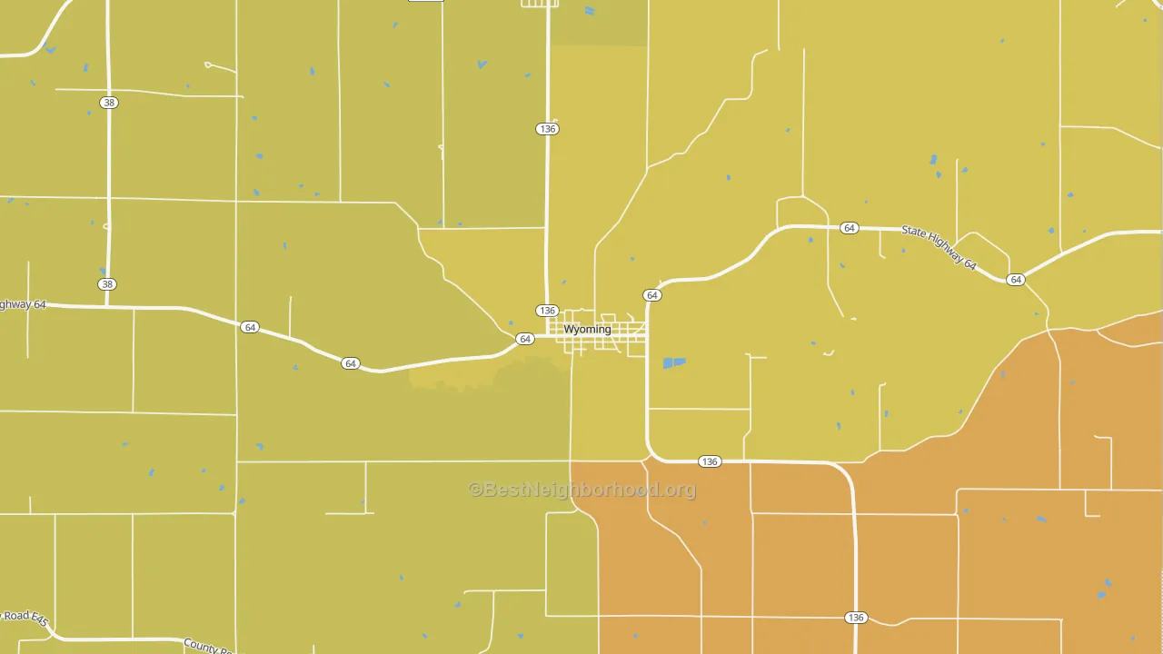 Map of the best neighborhoods in the 52362 area, with better matches in green and worse matches in red
