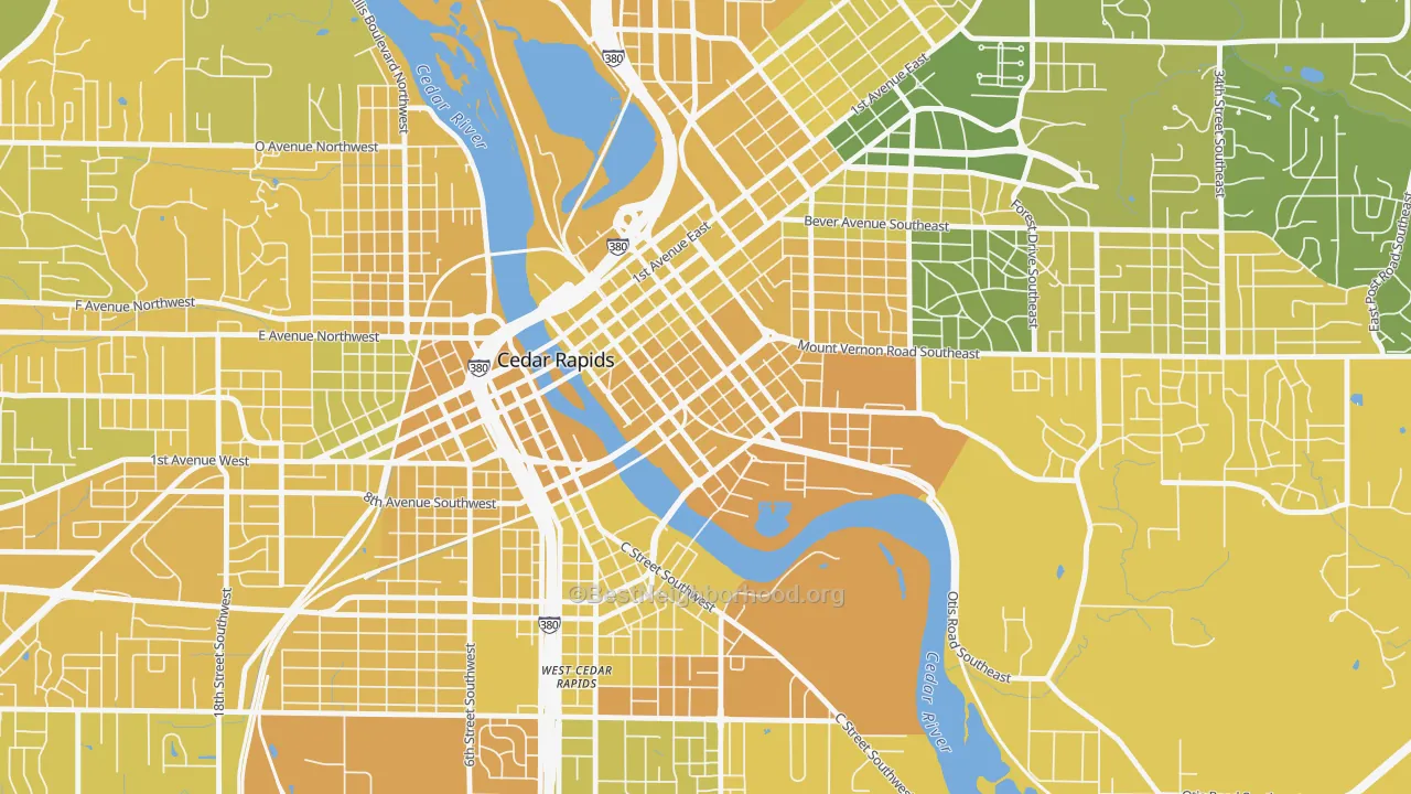 Map of the best neighborhoods in the 52401 area, with better matches in green and worse matches in red