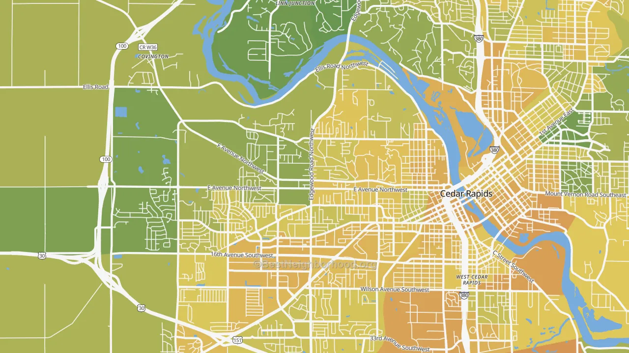 Map of the best neighborhoods in the 52405 area, with better matches in green and worse matches in red