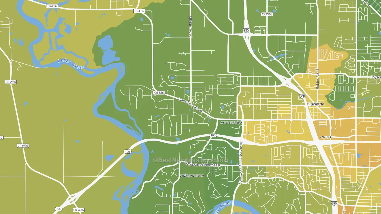 Map of the best neighborhoods in the 52411 area, with better matches in green and worse matches in red