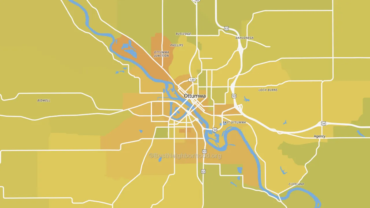 Map of the best neighborhoods in the 52501 area, with better matches in green and worse matches in red