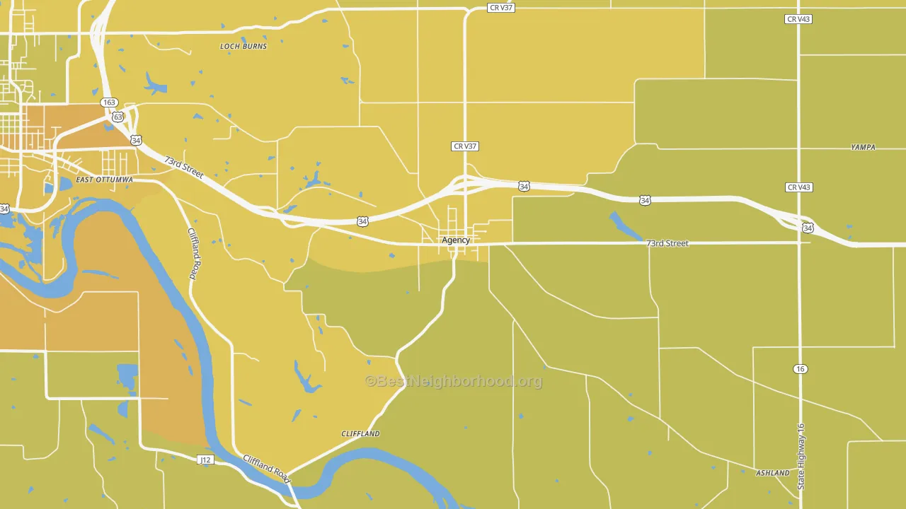 Map of the best neighborhoods in the 52530 area, with better matches in green and worse matches in red
