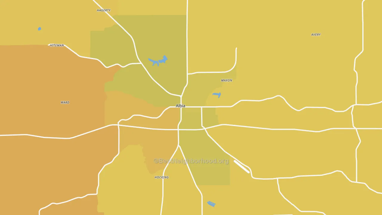 Map of the best neighborhoods in the 52531 area, with better matches in green and worse matches in red