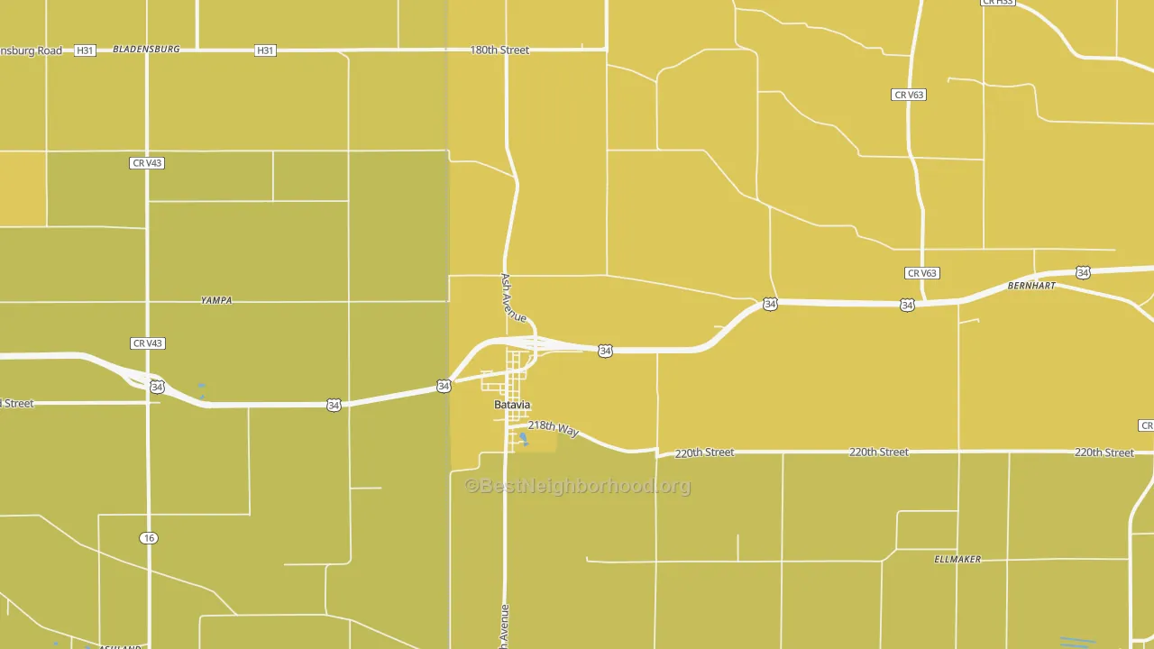 Map of the best neighborhoods in the 52533 area, with better matches in green and worse matches in red