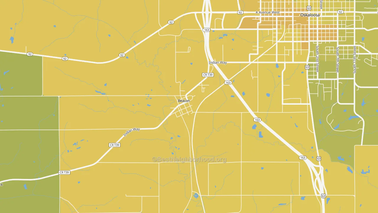 Map of the best neighborhoods in the 52534 area, with better matches in green and worse matches in red