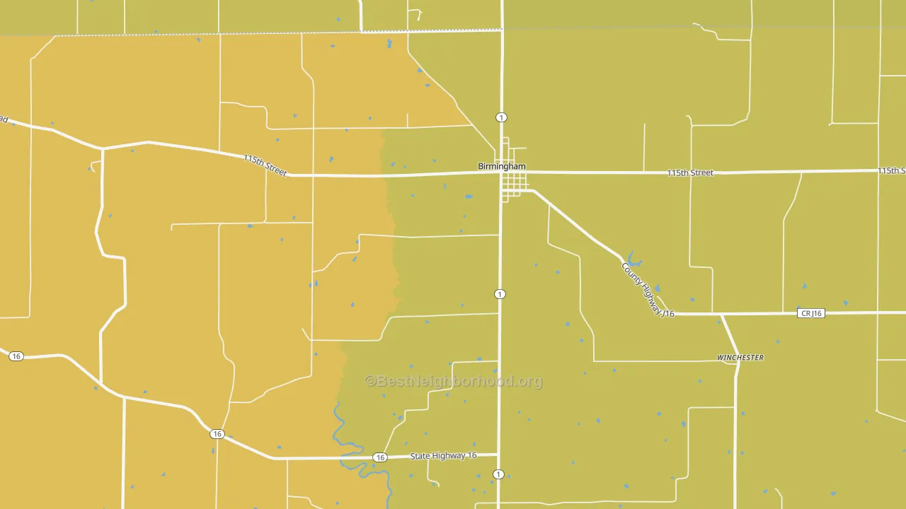 Map of the best neighborhoods in the 52535 area, with better matches in green and worse matches in red
