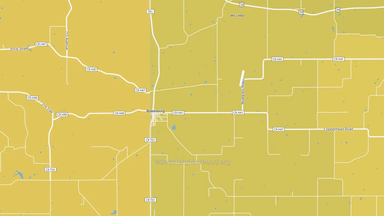Map of the best neighborhoods in the 52536 area, with better matches in green and worse matches in red
