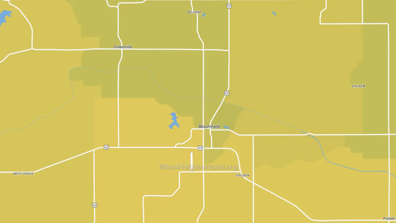 Map of the best neighborhoods in the 52537 area, with better matches in green and worse matches in red