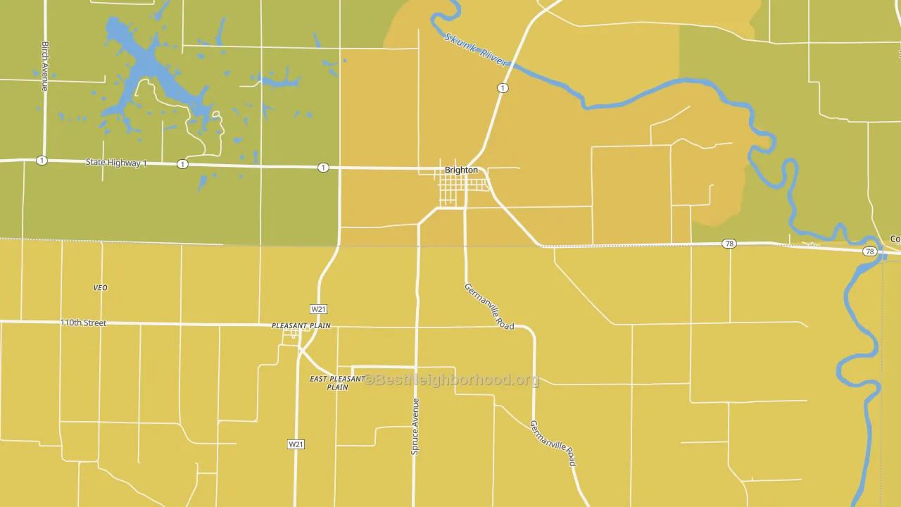 Map of the best neighborhoods in the 52540 area, with better matches in green and worse matches in red