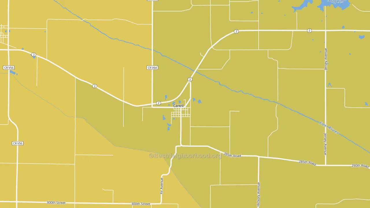Map of the best neighborhoods in the 52542 area, with better matches in green and worse matches in red