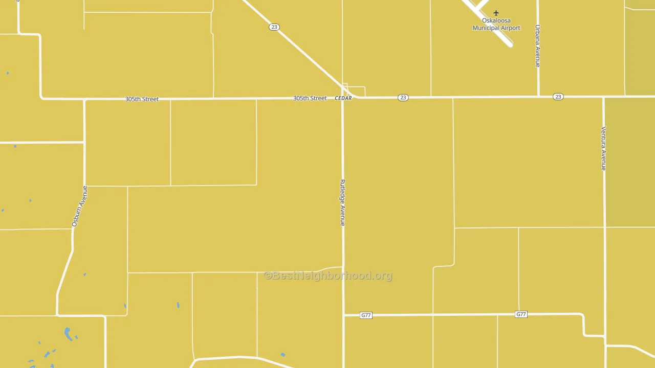 Map of the best neighborhoods in the 52543 area, with better matches in green and worse matches in red