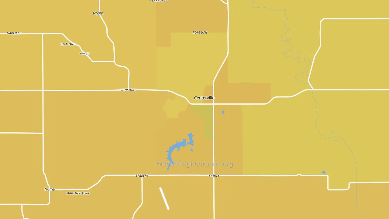 Map of the best neighborhoods in the 52544 area, with better matches in green and worse matches in red