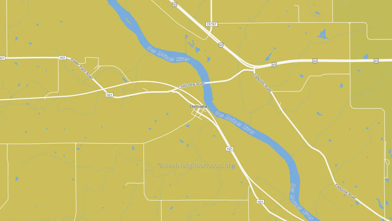 Map of the best neighborhoods in the 52548 area, with better matches in green and worse matches in red