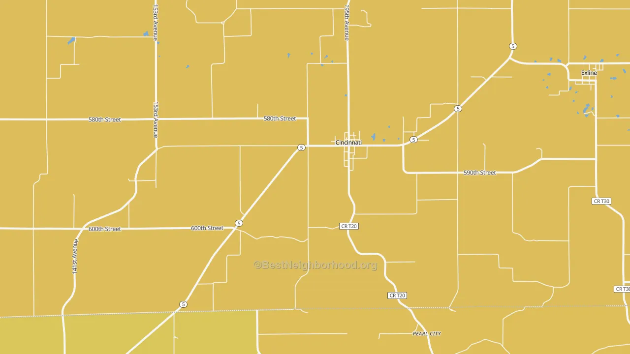 Map of the best neighborhoods in the 52549 area, with better matches in green and worse matches in red