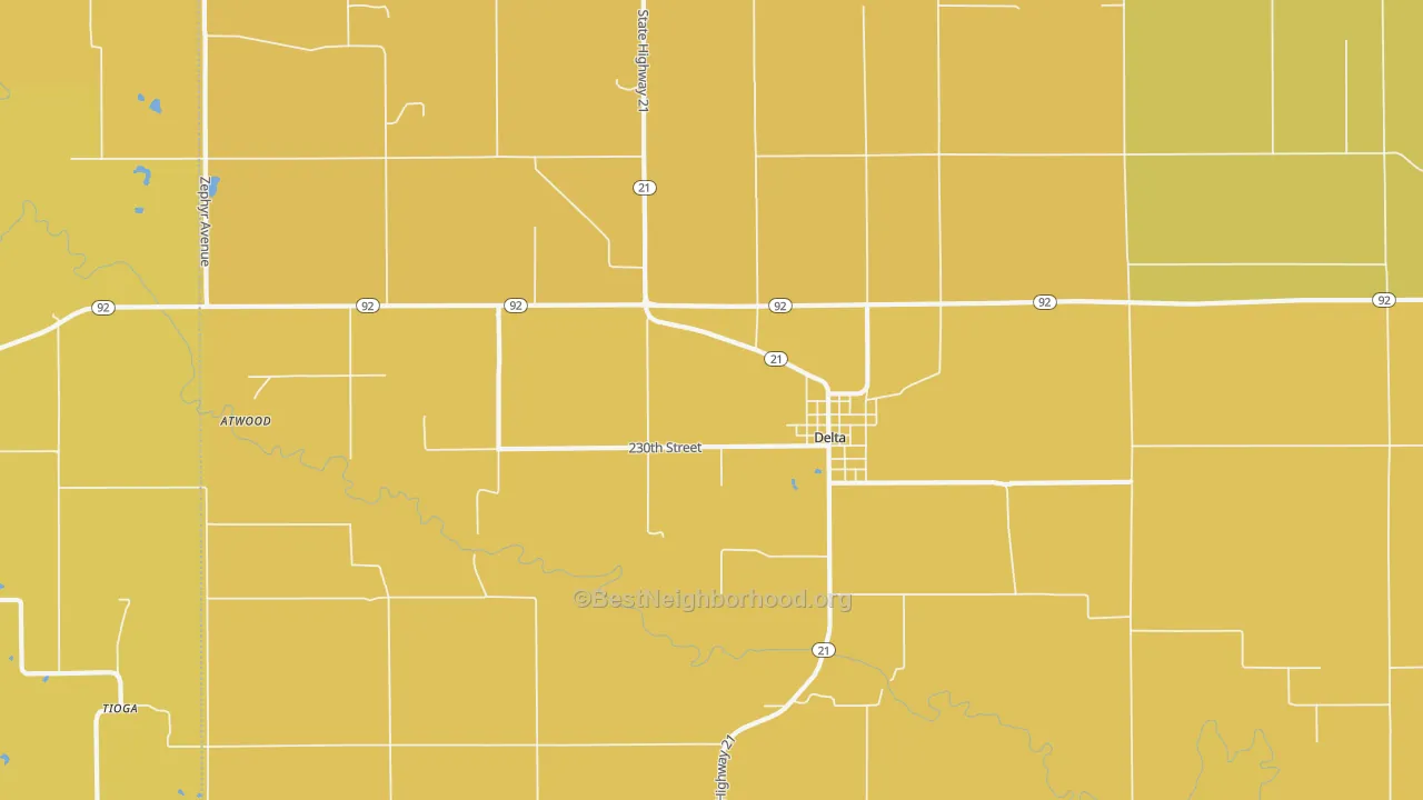 Map of the best neighborhoods in the 52550 area, with better matches in green and worse matches in red