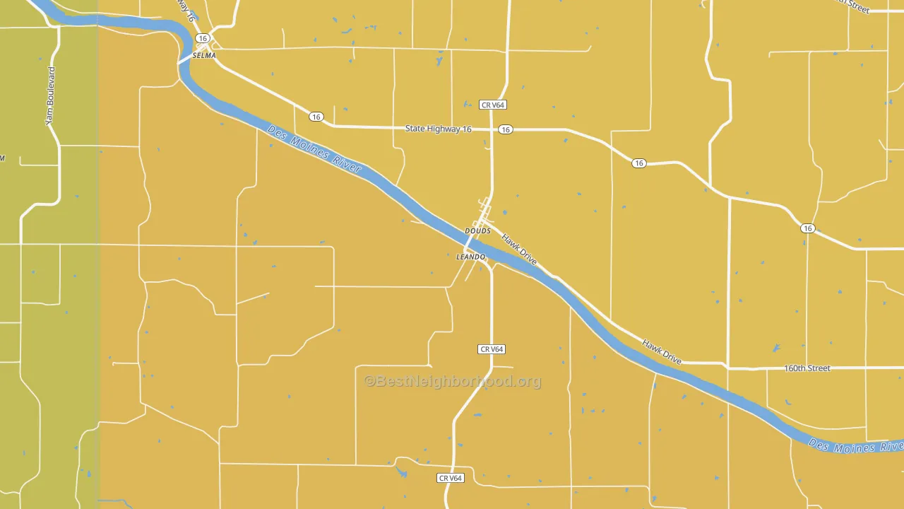 Map of the best neighborhoods in the 52551 area, with better matches in green and worse matches in red