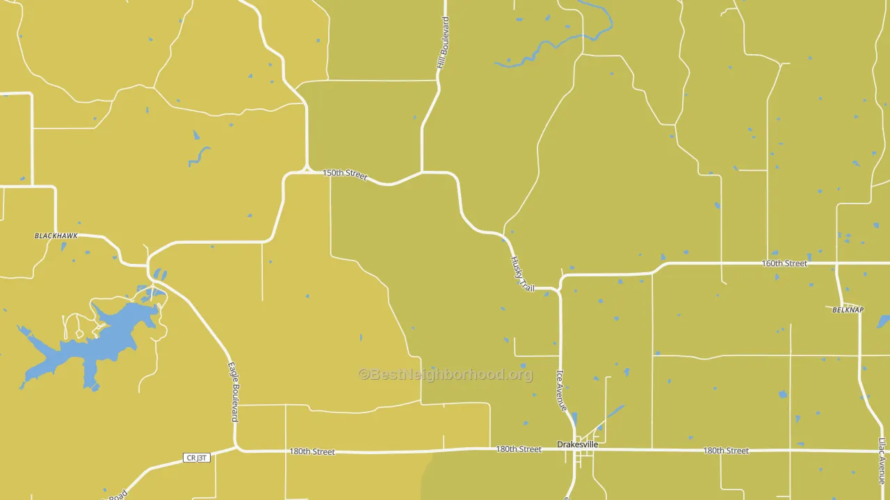 Map of the best neighborhoods in the 52552 area, with better matches in green and worse matches in red