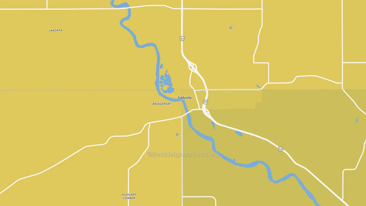 Map of the best neighborhoods in the 52553 area, with better matches in green and worse matches in red