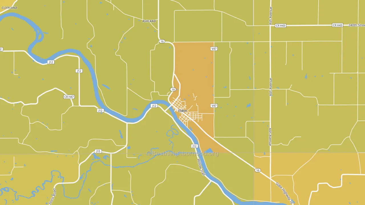 Map of the best neighborhoods in the 52554 area, with better matches in green and worse matches in red