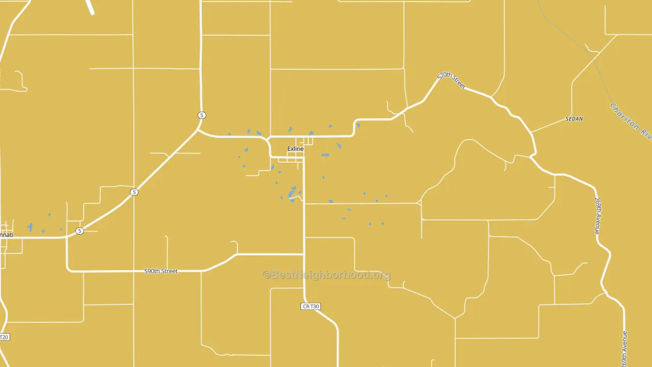 Map of the best neighborhoods in the 52555 area, with better matches in green and worse matches in red