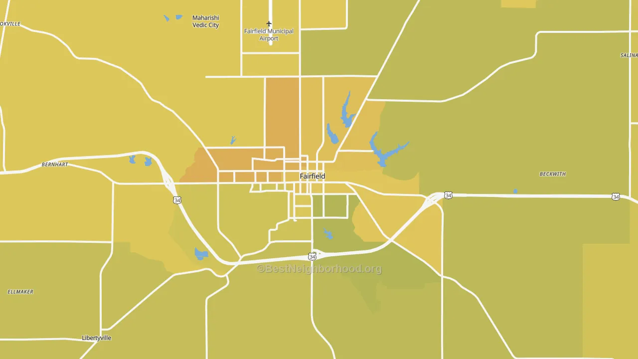 Map of the best neighborhoods in the 52556 area, with better matches in green and worse matches in red