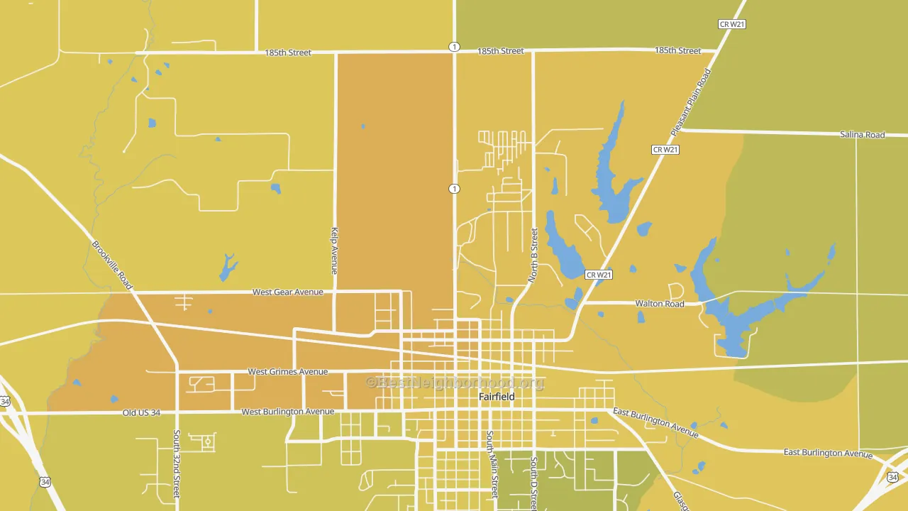 Map of the best neighborhoods in the 52557 area, with better matches in green and worse matches in red
