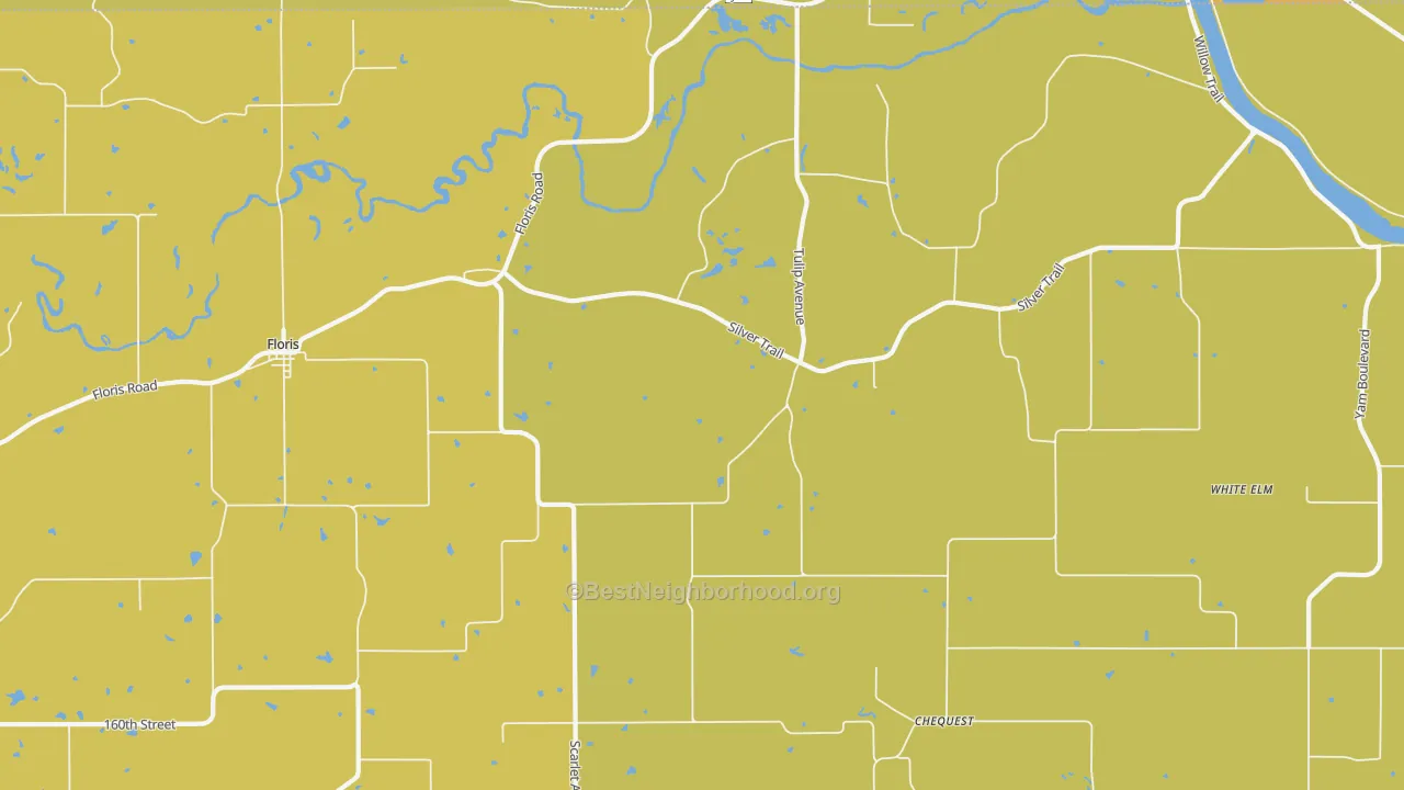 Map of the best neighborhoods in the 52560 area, with better matches in green and worse matches in red