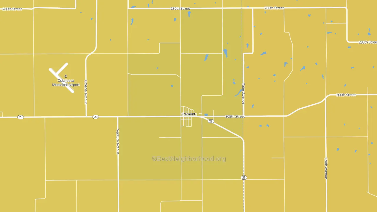 Map of the best neighborhoods in the 52561 area, with better matches in green and worse matches in red