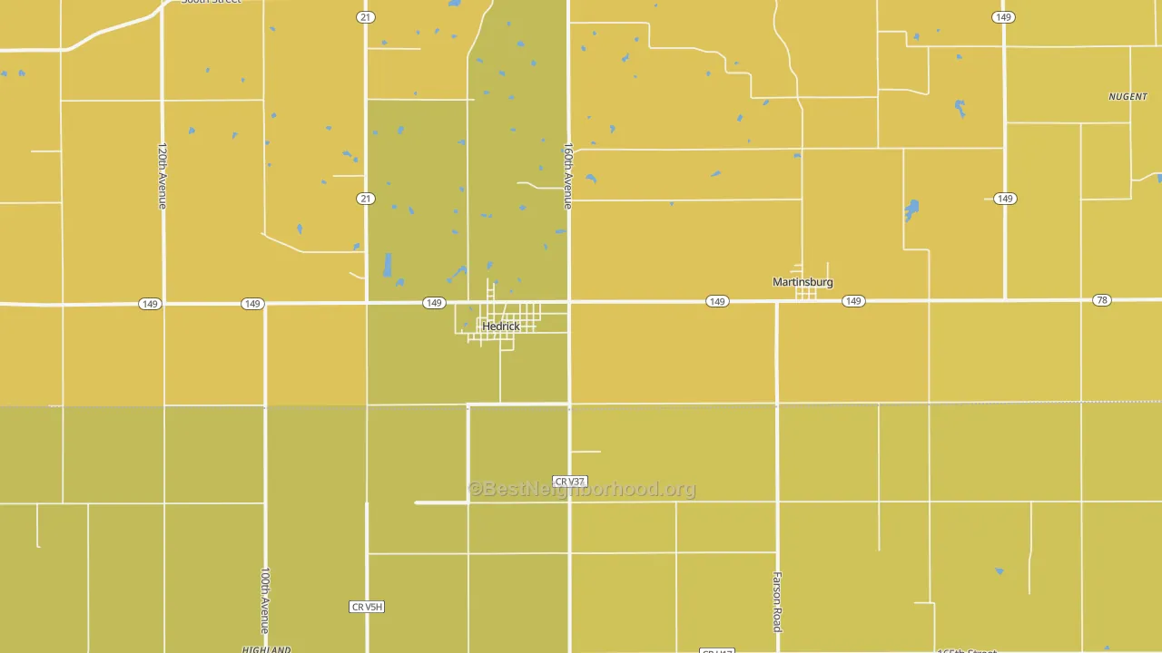 Map of the best neighborhoods in the 52563 area, with better matches in green and worse matches in red