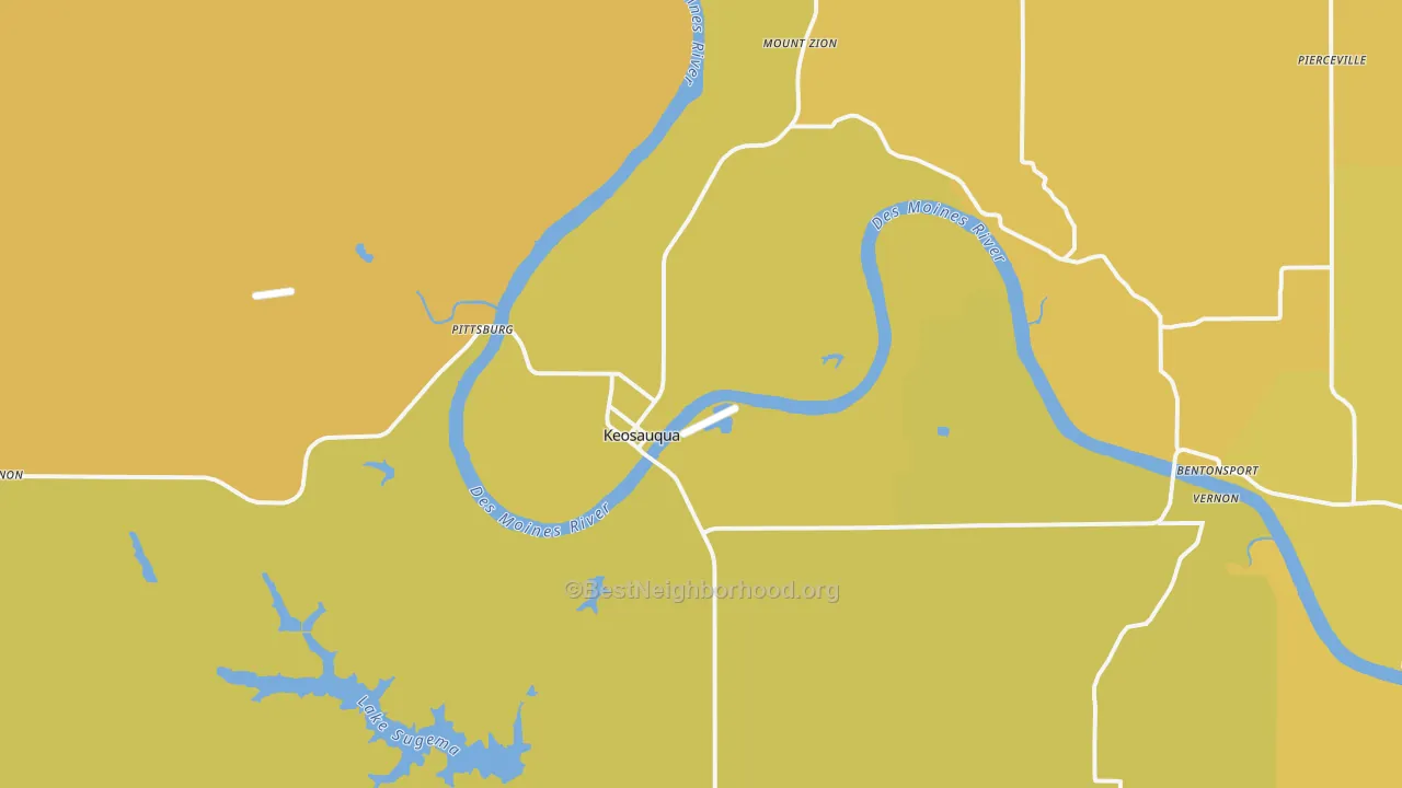 Map of the best neighborhoods in the 52565 area, with better matches in green and worse matches in red