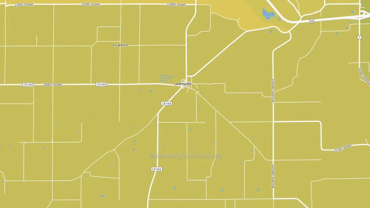 Map of the best neighborhoods in the 52567 area, with better matches in green and worse matches in red
