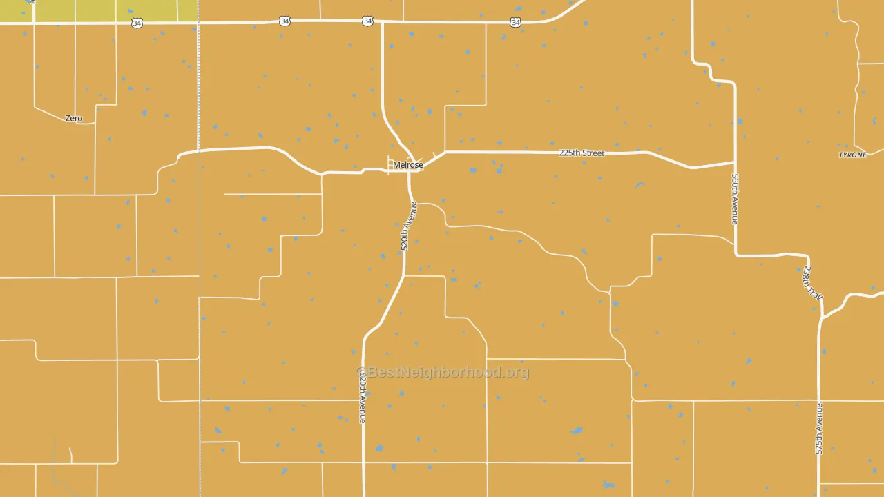 Map of the best neighborhoods in the 52569 area, with better matches in green and worse matches in red