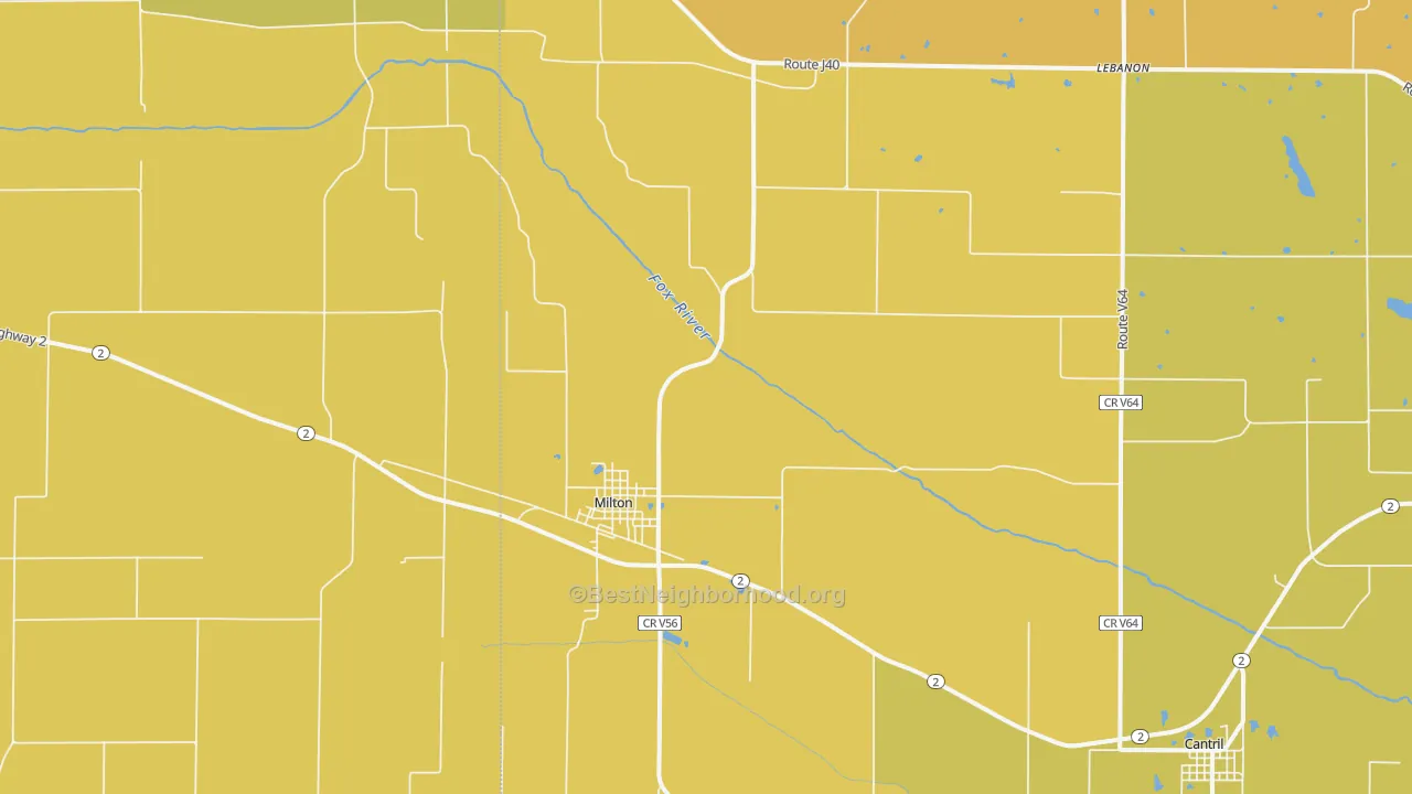 Map of the best neighborhoods in the 52570 area, with better matches in green and worse matches in red