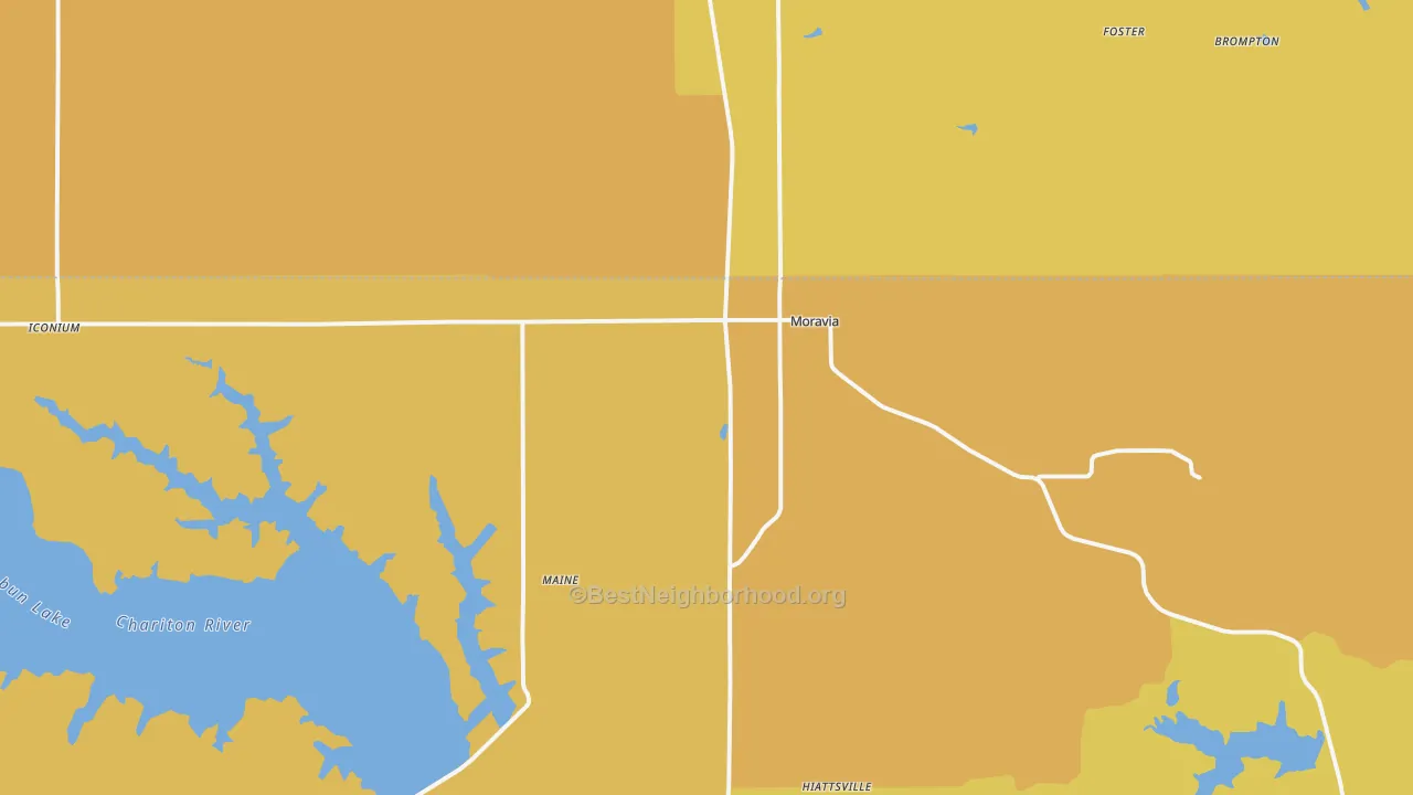 Map of the best neighborhoods in the 52571 area, with better matches in green and worse matches in red