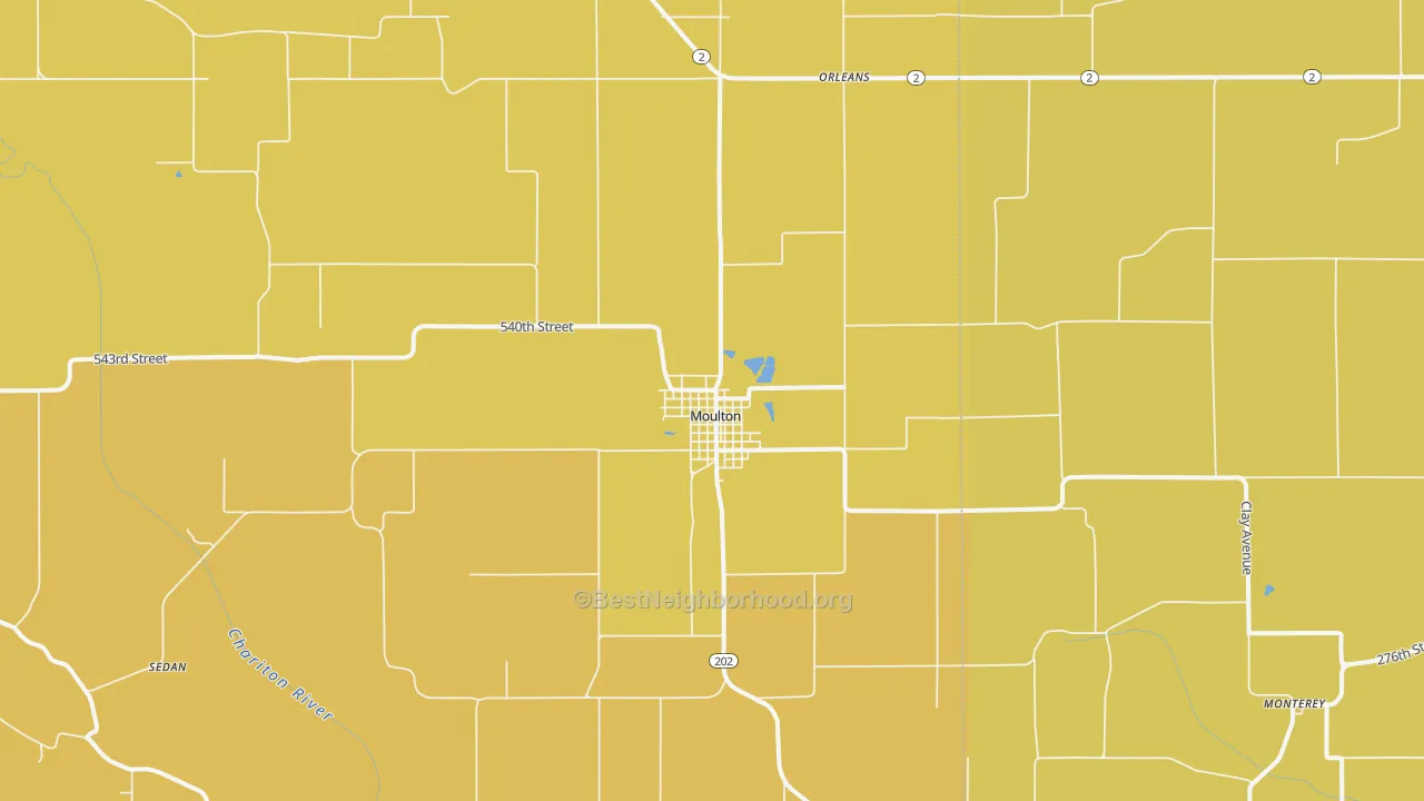 Map of the best neighborhoods in the 52572 area, with better matches in green and worse matches in red