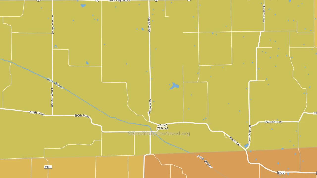 Map of the best neighborhoods in the 52573 area, with better matches in green and worse matches in red