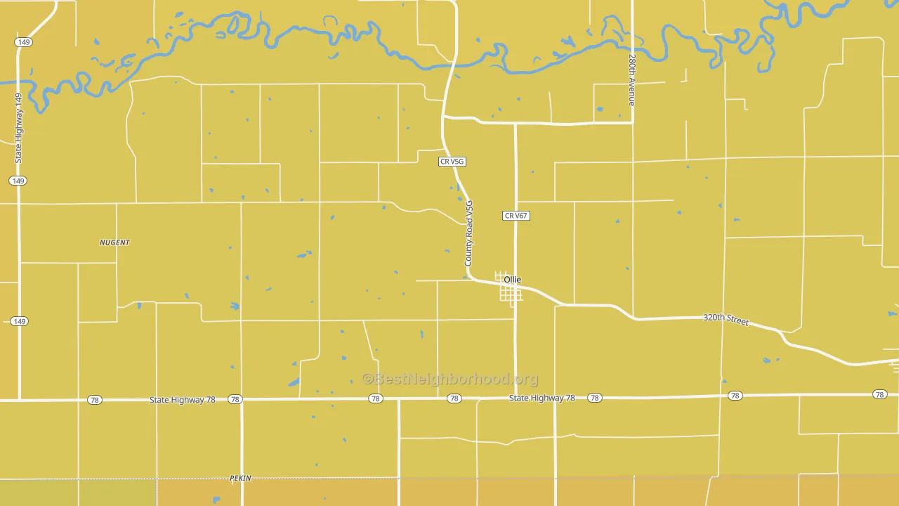 Map of the best neighborhoods in the 52576 area, with better matches in green and worse matches in red