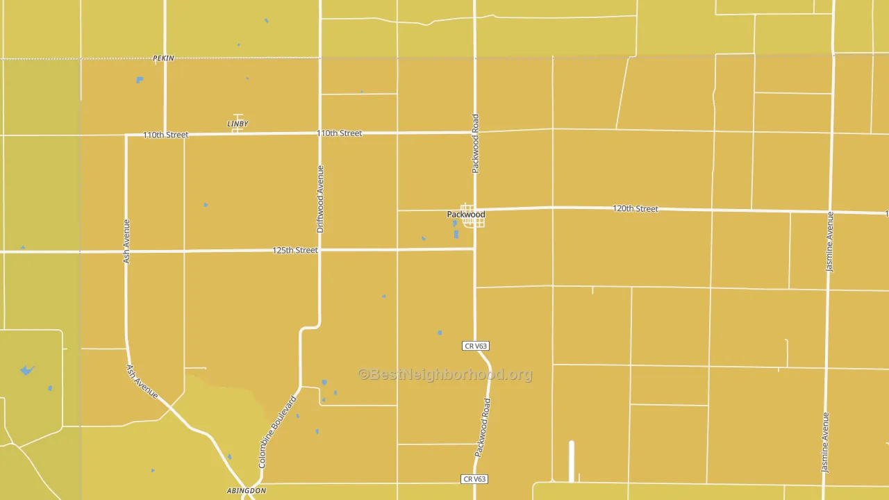 Map of the best neighborhoods in the 52580 area, with better matches in green and worse matches in red