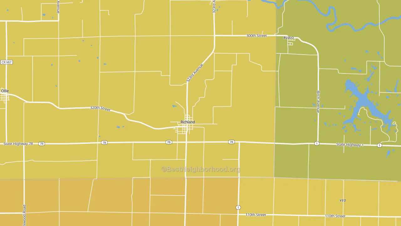 Map of the best neighborhoods in the 52585 area, with better matches in green and worse matches in red